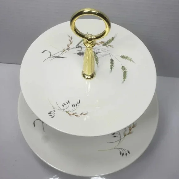 Vintage  Crown Essex Canadiana Wheat Pattern 2-Tier Cake Stand with Handle, - Picture 2 of 8